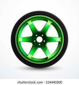 Vector sport wheel with green rim. Car alloy wheel isolated