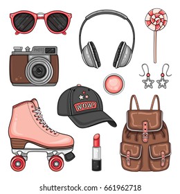 Vector sport woman's fashion set of roller skates, headphones, cap, photo camera, sunglasses and accessories. Hipster patch badges collection 