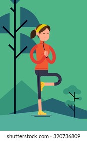 Vector sport young woman character meditating outdoors in trendy flat design | Peaceful female person balancing in Tree pose | Adult woman performing Vriksasana yoga pose on nature background