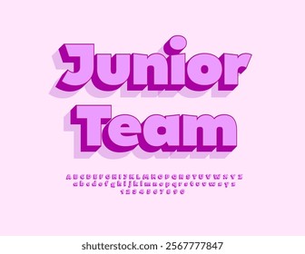 Vector sportive banner Junior Team. Cute 3D Alphabet Letters and Numbers set. Purple Stylish Font.