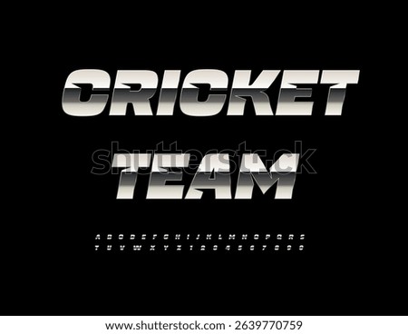 Vector Sportive emblem Cricket Team. Dynamic Silver Font. Cool Metallic Alphabet Letters and Numbers set