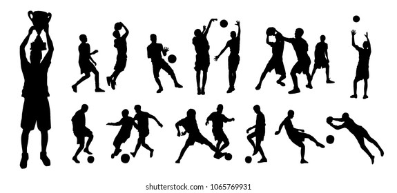 Vector sportive silhouette set: basketball and football team. People black silhouettes on white background