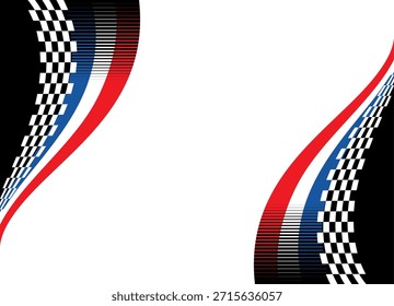 Vector sports background in the style of a checkered flag. Waves from pixels. Red, white and blue Pattern in the corners for covers, advertising, posters. Auto racing. Competition. ribbon. Speed