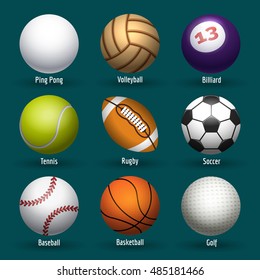 Vector sports balls for basketball, rugby and soccer. Plastic and leather stitching ball icons