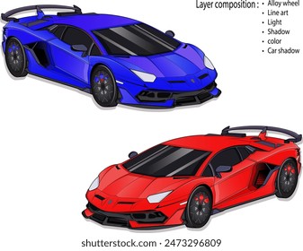 A vector sports car illustration with a neat arrangement of screens from line art to coloring to facilitate changes in the image