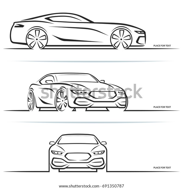 Vector sports car silhouette. Side, perspective and\
front view.