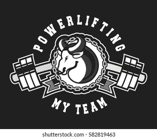 Vector Sports emblem for the gym, competitions, bull with a barbell exercise equipment black and white