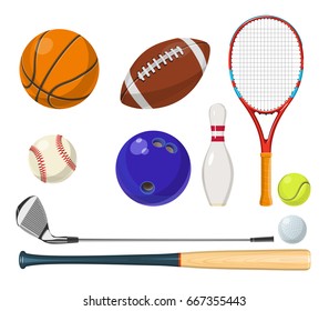 Vector sports equipment in cartoon style. Balls, rackets, golf sticks and other vector illustrations. Sport equipment for golf and tennis