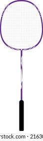 vector of sports equipment a purple badminton racket with white pattern complete with strings. white background, seen from the front.