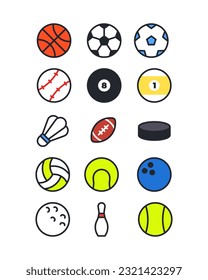 Vector sports flat colorful icons. Balls for all sports (soccer, volleyball, basketball, hockey, golf, badminton). Simple minimalist ball icons for different sports.