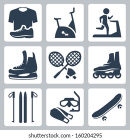 Vector sports goods icons set: sportswear, stationary bicycle, treadmill,  skates, rackets and shuttlecock, roller skates, skis, diving mask and flippers, skateboard