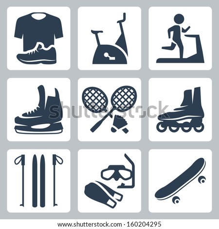 Vector sports goods icons set: sportswear, stationary bicycle, treadmill,  skates, rackets and shuttlecock, roller skates, skis, diving mask and flippers, skateboard