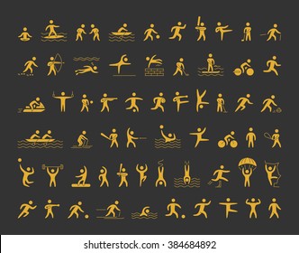Vector sports icons set. Gold shapes athletes for popular sports. Cool icons sportsmen. Vector gold figures sportsmen. 