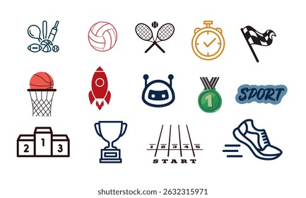 Vector sports icons set including equipment, activities, and fitness symbols in line and solid styles