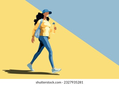 Vector sports illustration banner place for text a girl in a cap goes in for sports walks with a bottle of water in her hands an athlete on a yellow blue background