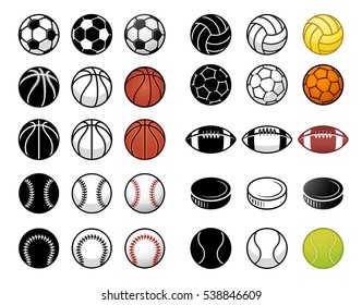 Vector Sports illustration of equipment balls from the most important sports. Colored and black version