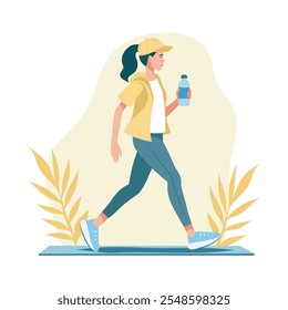 Vector sports illustration flat style girl woman in a cap is engaged in a sports walk with a bottle of water in the hands of an athlete on a white background