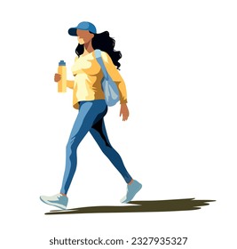 Vector sports illustration girl in a cap goes in for sports walks with a bottle of water in the hands of an athlete on a white background