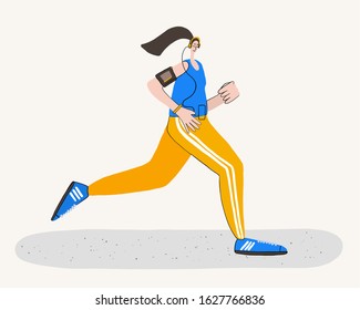 vector sports illustration, Jogging, Jogging, girl running, losing weight, losing weight, weight loss, sportswoman in color with headphones, business card