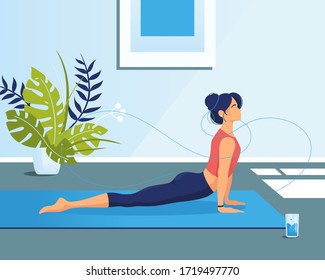 Vector Sports illustration. Sporty young woman woman practicing yoga & fitness exercises indoor. Healthy and wellness lifestyle. Female cartoon character demonstrating yoga poses at home or in class