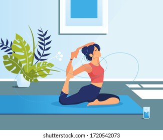 Vector Sports Illustration. Sporty Young Woman Practicing Yoga & Fitness Exercises Indoor. Healthy And Awellness Lifestyle. Female Cartoon Character Demonstrating Yoga Poses At Home Or In Class