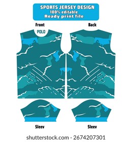 Modelo de camisa de esportes vetoriais com design geométrico arrojado. Frente e verso incluídos, perfeito para impressão de sublimação, kits de ciclismo, uniformes esports e vestuário atlético.
