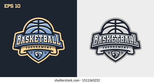 Vector sports logo-basketball, with the image of the ball on the background of the text, for a sports team.
