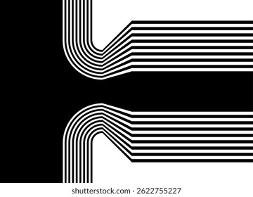 Vector sports pattern of black parallel lines in retro style. Modern striped design element. Divided black and white background. place for text. Three-dimensional shape.