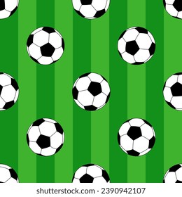 vector sports pattern with soccer balls on a green background. Football balls on the lawn