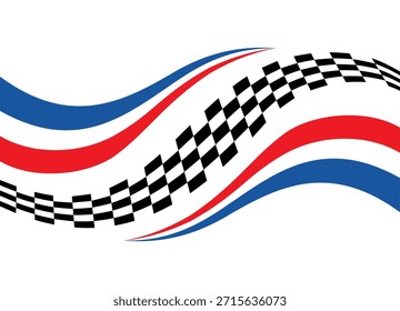 Vektorsportmuster im Stil einer karierten Flagge. Pixelwelle. Rot, Weiß und Blau. Muster für Cover, Werbung, Plakate. Auto-Rennen. Wettbewerb. Farbband. Geschwindigkeit. Welle