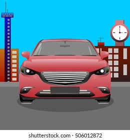 Vector sports red car in front of cityscape view illustration