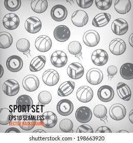 Vector sports seamless background. Sports equipment gray scale pattern.
