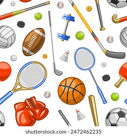 Vector Sports Seamless Pattern, decorative background with many cut out illustrations of flying various sports gear, square placard with group of variety flat lay sport products on white background