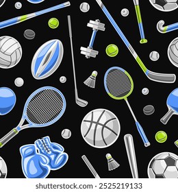 Vector Sports Seamless Pattern, decorative background with lot collection of illustrations flying sports gear, square poster with group of different flat lay active sport products on dark background