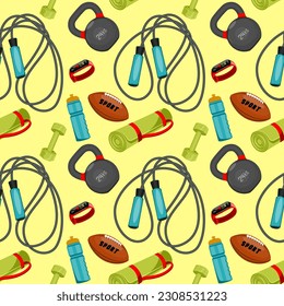 Vector sports seamless pattern with sports equipment on a yellow background. Perfect for fabric design, print, wrapping paper, wallpaper, fabric, design.
