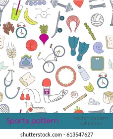 Vector sports seamless pattern of outline icons. Pattern includes icons of healthy food and sport activities. Perfect for sport shop or gym design.