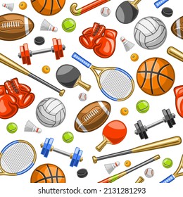 Vector Sports Seamless Pattern, square repeating background with cut out illustrations of various summer sport gear, red leather boxing gloves, tennis racquets and sports balls on white background