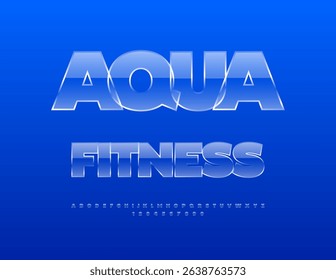 Vector Sports sign Aqua Fitness. Glossy Transparent Font. Iced Water Alphabet Letters and Numbers set.
