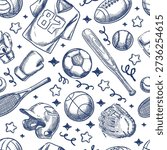 Vector sports sketch seamless pattern. American football, soccer, basketball, baseball, boxing, tennis hand drawn equipment design elements for fashion textile print, fabric, wrapping paper background