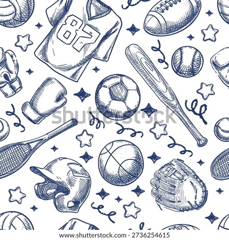 Vector sports sketch seamless pattern. American football, soccer, basketball, baseball, boxing, tennis hand drawn equipment design elements for fashion textile print, fabric, wrapping paper background