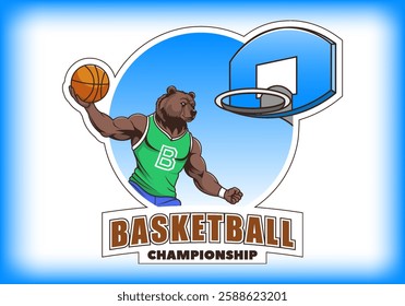 Vector sports sticker, emblem. Powerful brutal muscular brown bear jumps and throws ball into basket. Basketball championship. Sports competitions. Cartoon wild powerful animal.