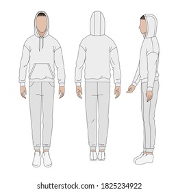 Vector sports suit with pants and hoodie. Technical drawing of man's figure sketch. Vector thin line girl model template. Man's body front back and side view.