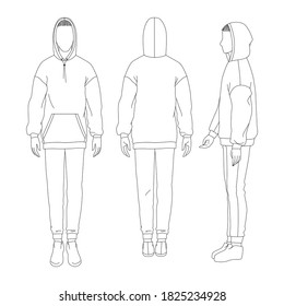 Vector sports suit and pants   hoodie  Technical drawing man's figure sketch  Vector thin line girl model template  Man's body front back   side view 
