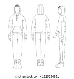 Traje deportivo vectorial con pantalones y capucha. Dibujo técnico del dibujo gráfico del hombre. Plantilla de modelo de chica de línea delgada vectora. Vista lateral y trasera del cuerpo del hombre.