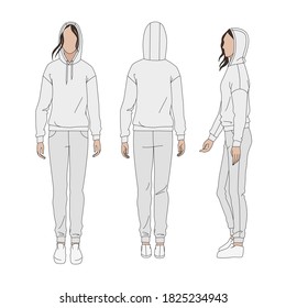 Vector sports suit with pants and hoodie. Technical drawing of woman's figure sketch. Vector thin line girl model template. Woman's body front back and side view.