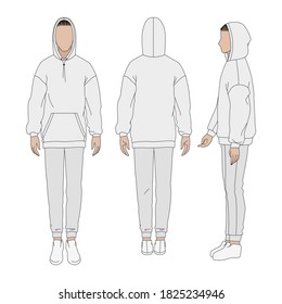 Vector sports suit with pants and hoodie. Technical drawing of man's figure sketch. Vector thin line girl model template. Man's body front back and side view.
