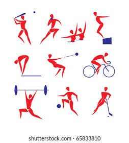 vector sports symbols: baseball, shot put, synchronized swimming, diving, hammer throwing, cycle racing, weightlifting, football, hockey