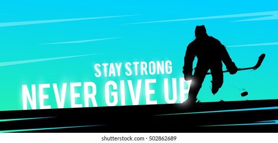 Vector sports web banner. Motivational concept. The silhouette of the athlete. Hockey player shoot the puck and attack. Never give up.