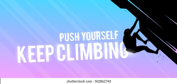 Vector sports web banner. Motivational concept. The silhouette of the athlete. The climber climbed the mountain without insurance. Extreme sports. Bouldering.