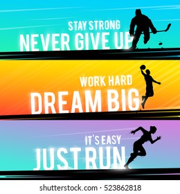 Vector sports web banner. Motivational concept. The silhouette of the hockey player. Runner silhouette. Running woman. The silhouette of the basketball player. Outdoor sports.